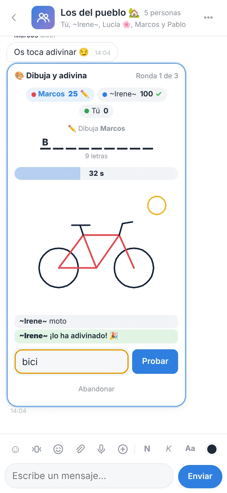 Dibuja y adivina: una bicicleta dibujada en el chat