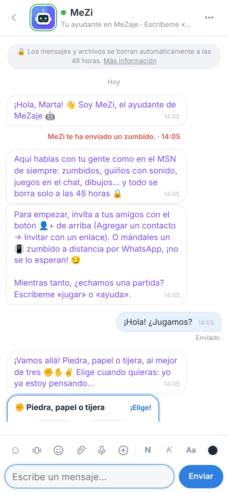 Conversación de bienvenida con MeZi, el ayudante de MeZaje