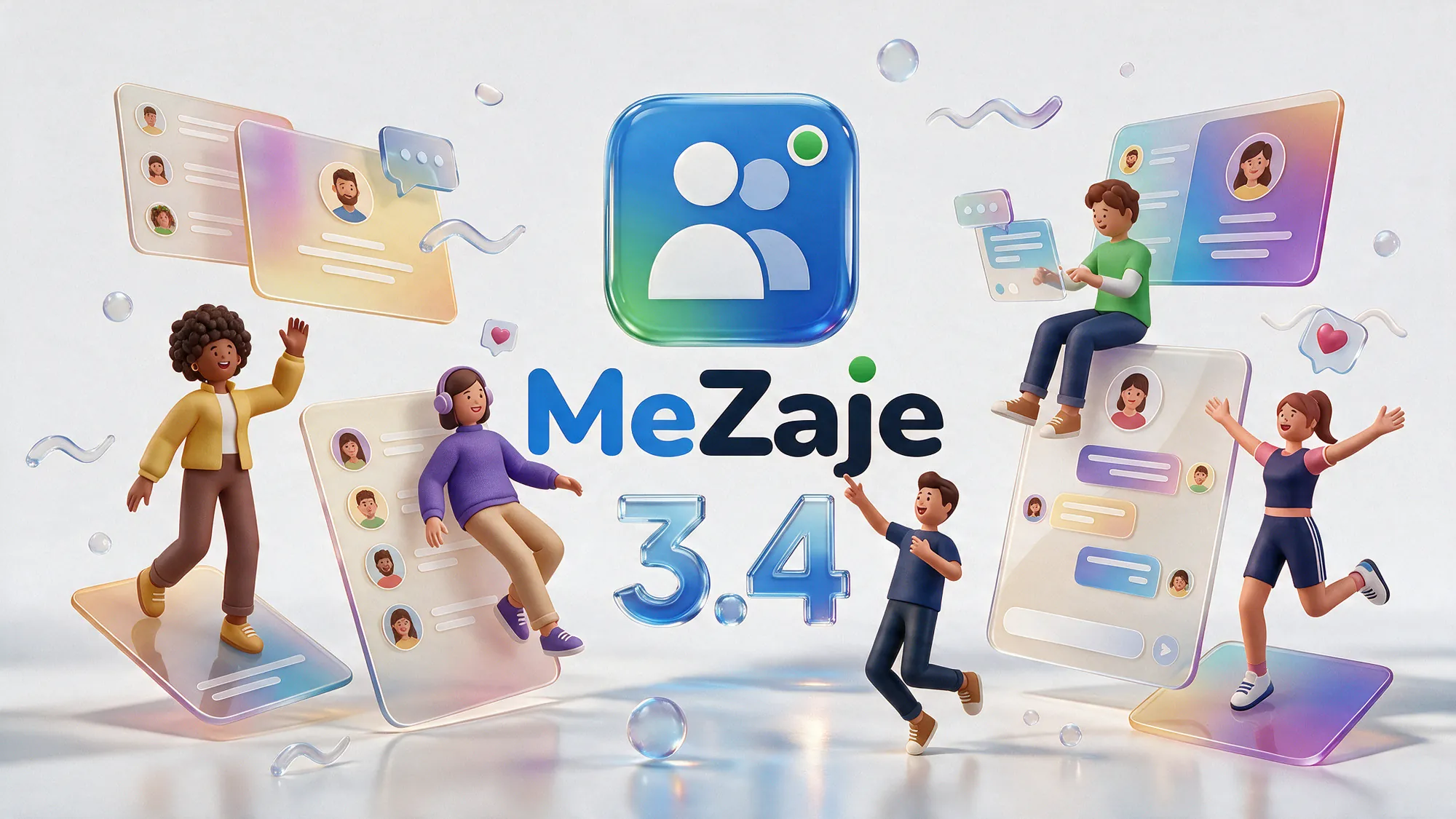 MeZaje 3.4: amigos chateando y jugando alrededor del icono de la app